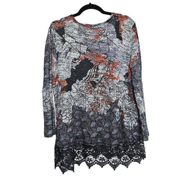 One World Womens Size M Grey Long Sleeve Lightweight Sweater With Lace Trim Fall - Picture 2 of 13